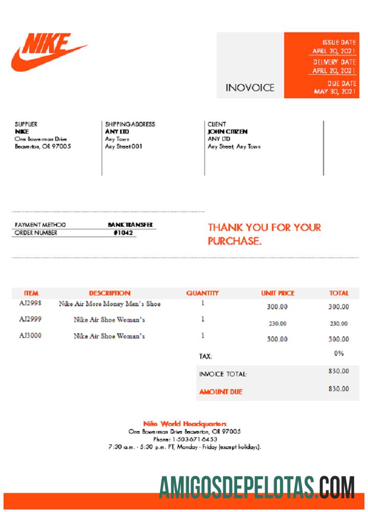 Fatura da Nike nos EUA modelo